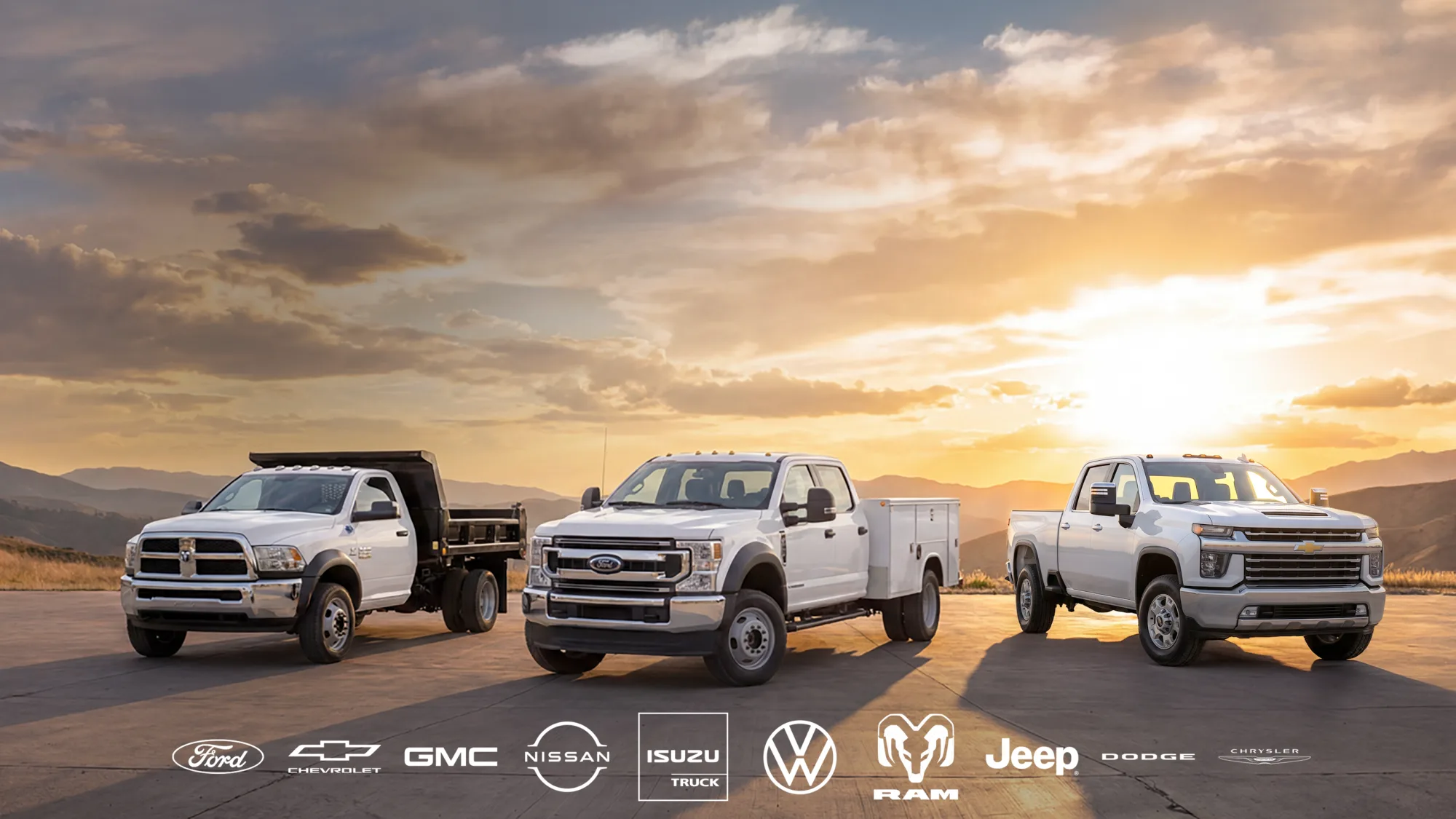 Pritchard Commercial fleet vehicles at sunset — Ford, Chevrolet, GMC, Nissan, Isuzu, Volkswagen, Ram, Jeep, Dodge and Chrysler